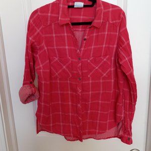 Columbia Red White Plaid Button Down Cotton Shirt Sz L EUC Roll Up Sleeves